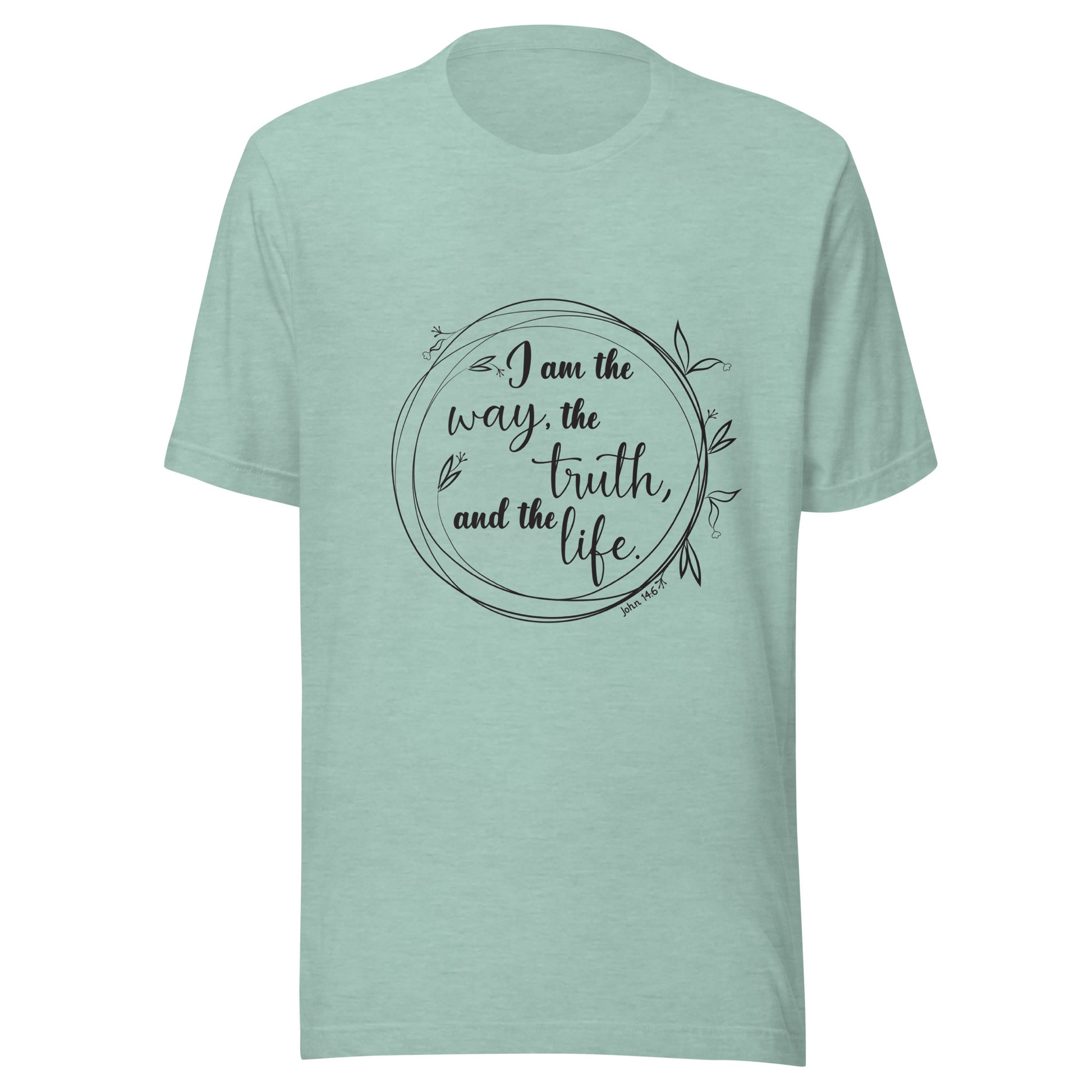 Heather dusty blue unisex short sleeve t-shirt with John 14:6 scripture written in a viney circle.