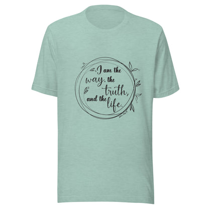 Heather dusty blue unisex short sleeve t-shirt with John 14:6 scripture written in a viney circle.