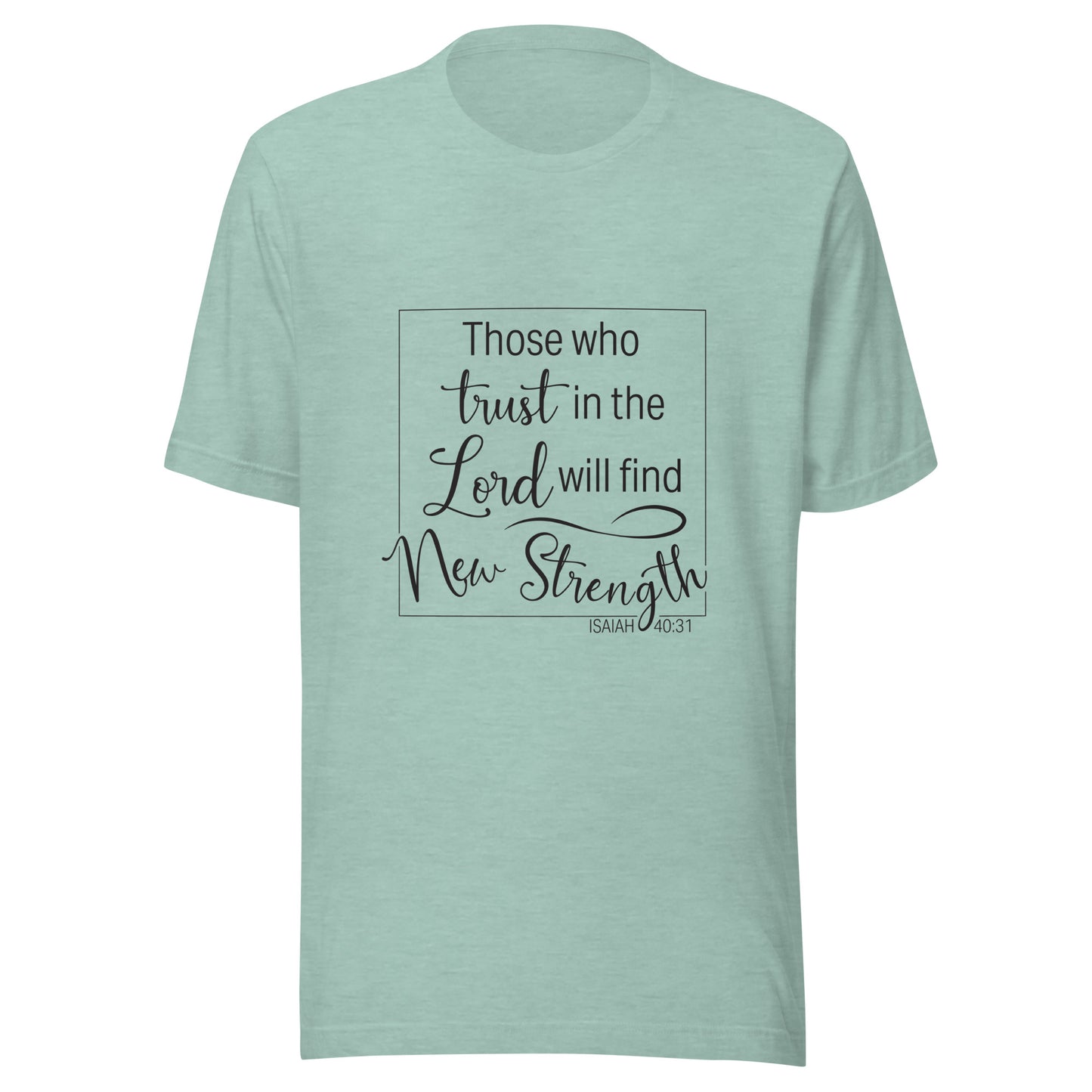 Heather dusty blue unisex short sleeve t-shirt with Isaiah 40:31 scripture written in a square.