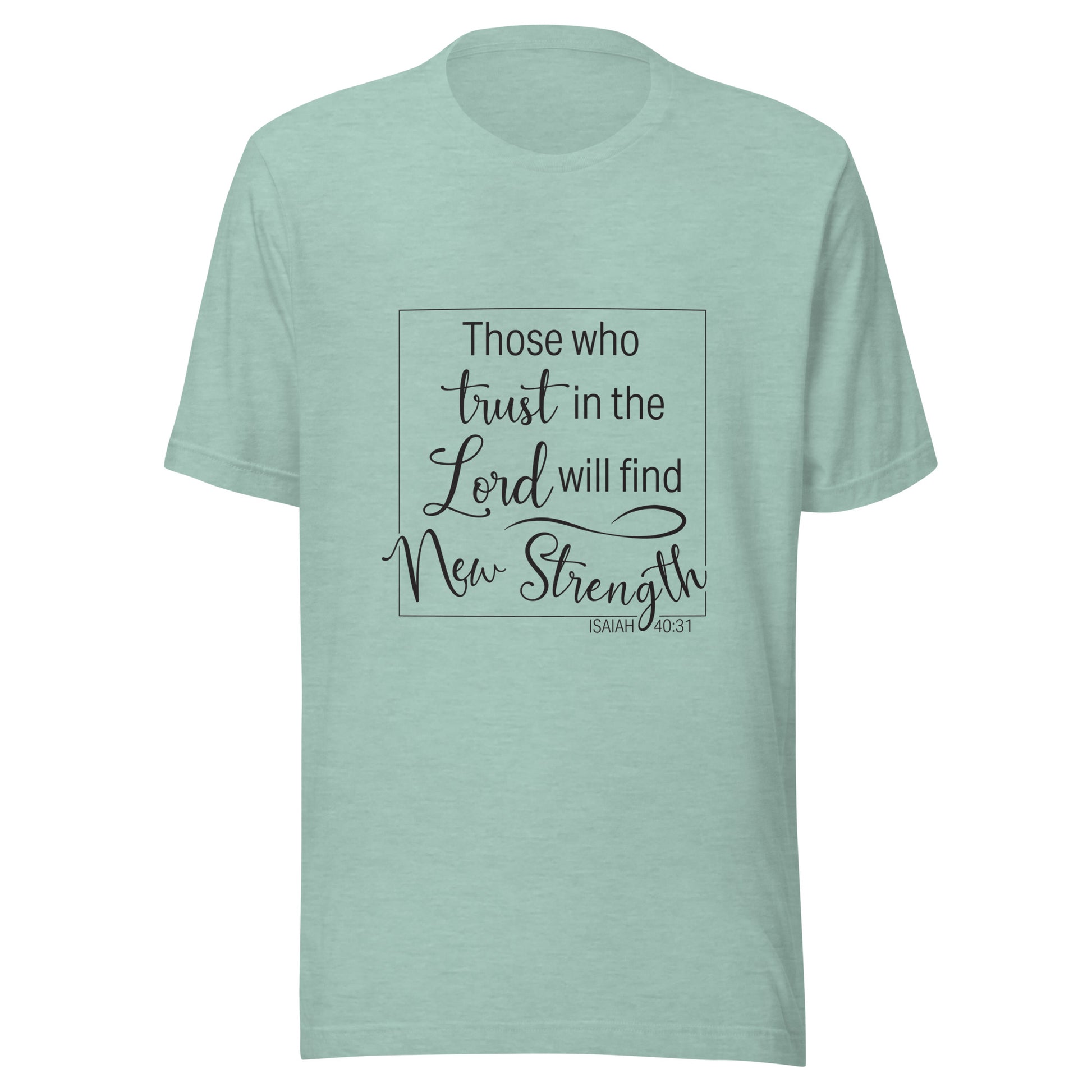 Heather dusty blue unisex short sleeve t-shirt with Isaiah 40:31 scripture written in a square.