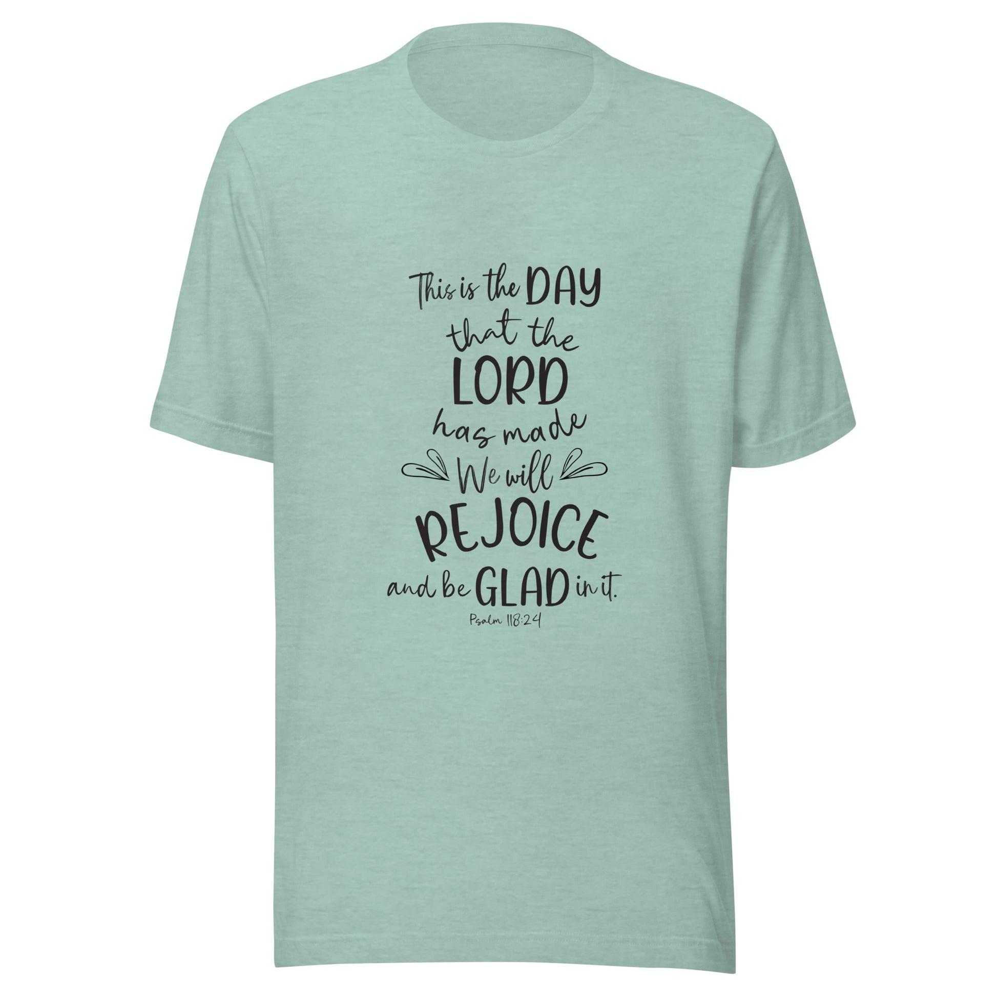 Heather dusty blue unisex short sleeve t-shirt with Psalm 118:24 scripture with a vine up one side of the words.
