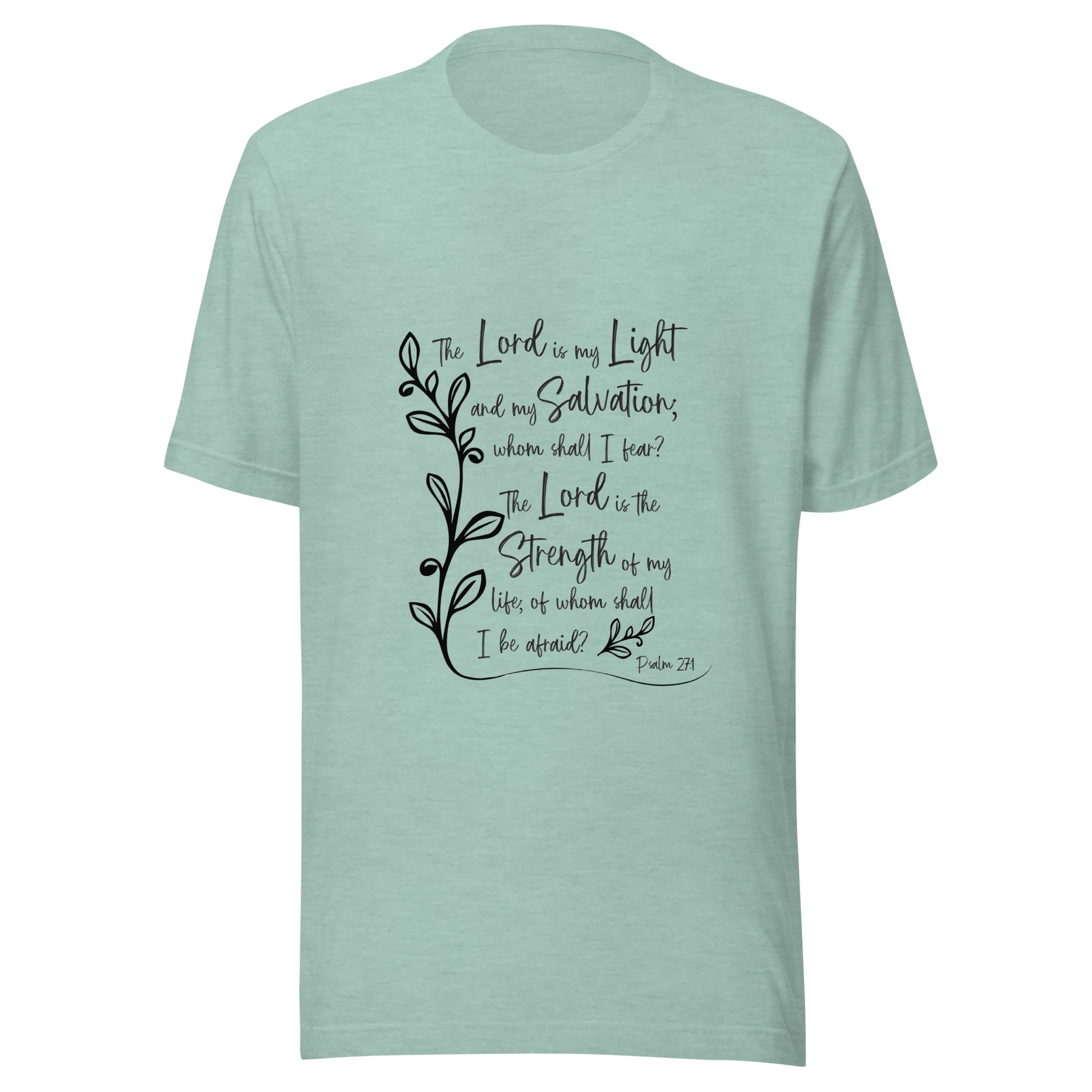 Heather dusty blue unisex short sleeve t-shirt with Psalm 27:1 scripture with a vine up one side of the words.