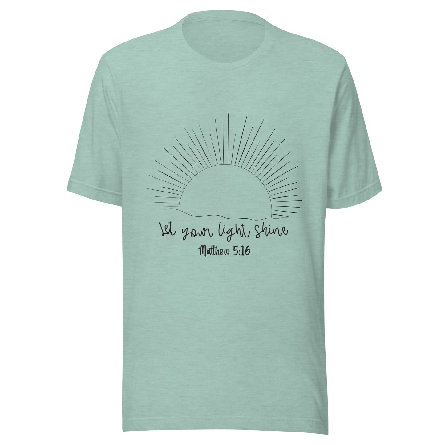 Heather dusty blue unisex short sleeve t-shirt that has a sun with many rays and underneath says 'Let your light shine', Matthew 5:16.