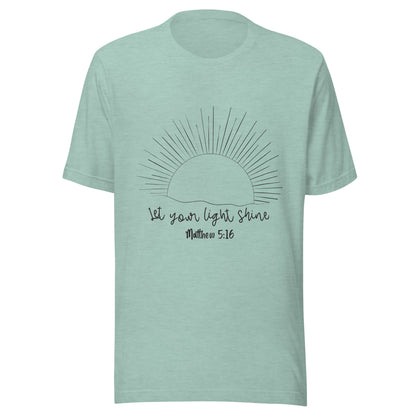 Heather dusty blue unisex short sleeve t-shirt that has a sun with many rays and underneath says 'Let your light shine', Matthew 5:16.