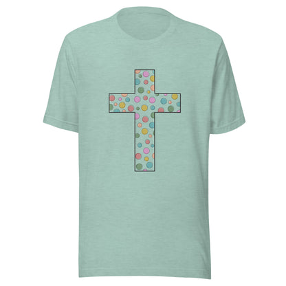 Heather dusty blue unisex short sleeve t-shirt that has a multi-colored polka dot cute cross on the front. 