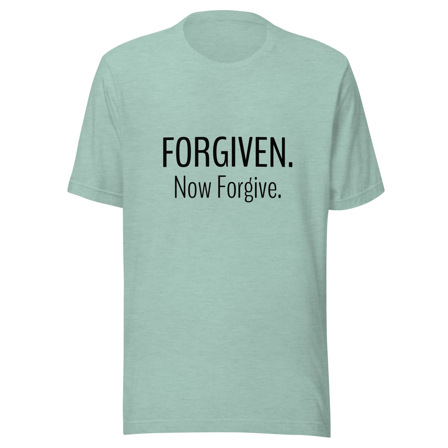 Heather prism dusty blue unisex short sleeve t-shirt that states Forgiven Now Forgive.