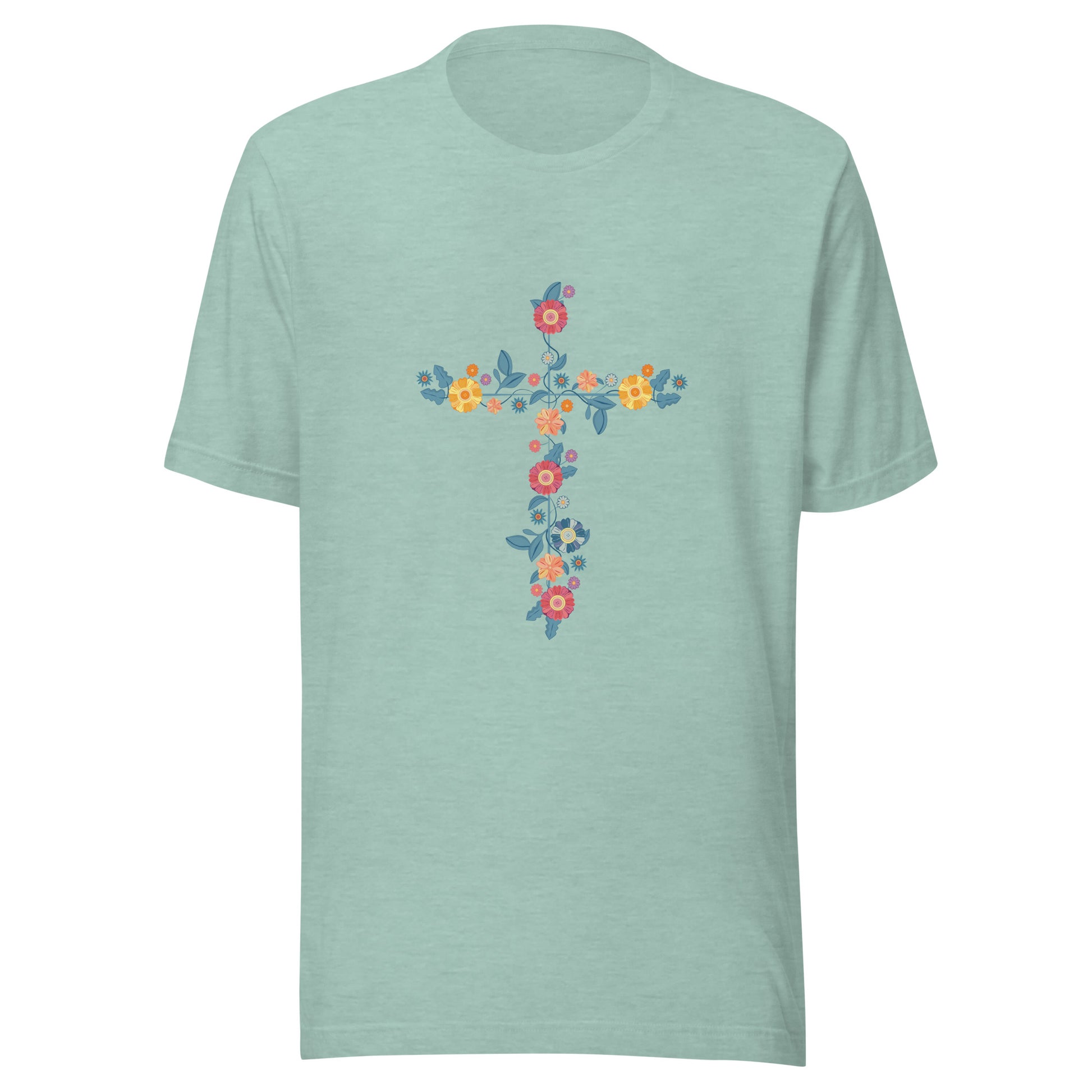 Heather prism dusty blue unisex short sleeve t-shirt that has a multi-colored delicate floral cross.