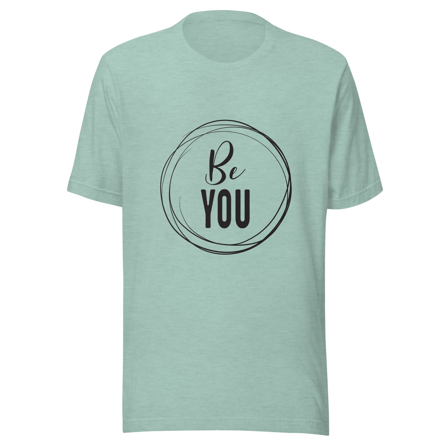 Heather prism dusty blue unisex short sleeve t-shirt that says 'Be you' inside of a circle.