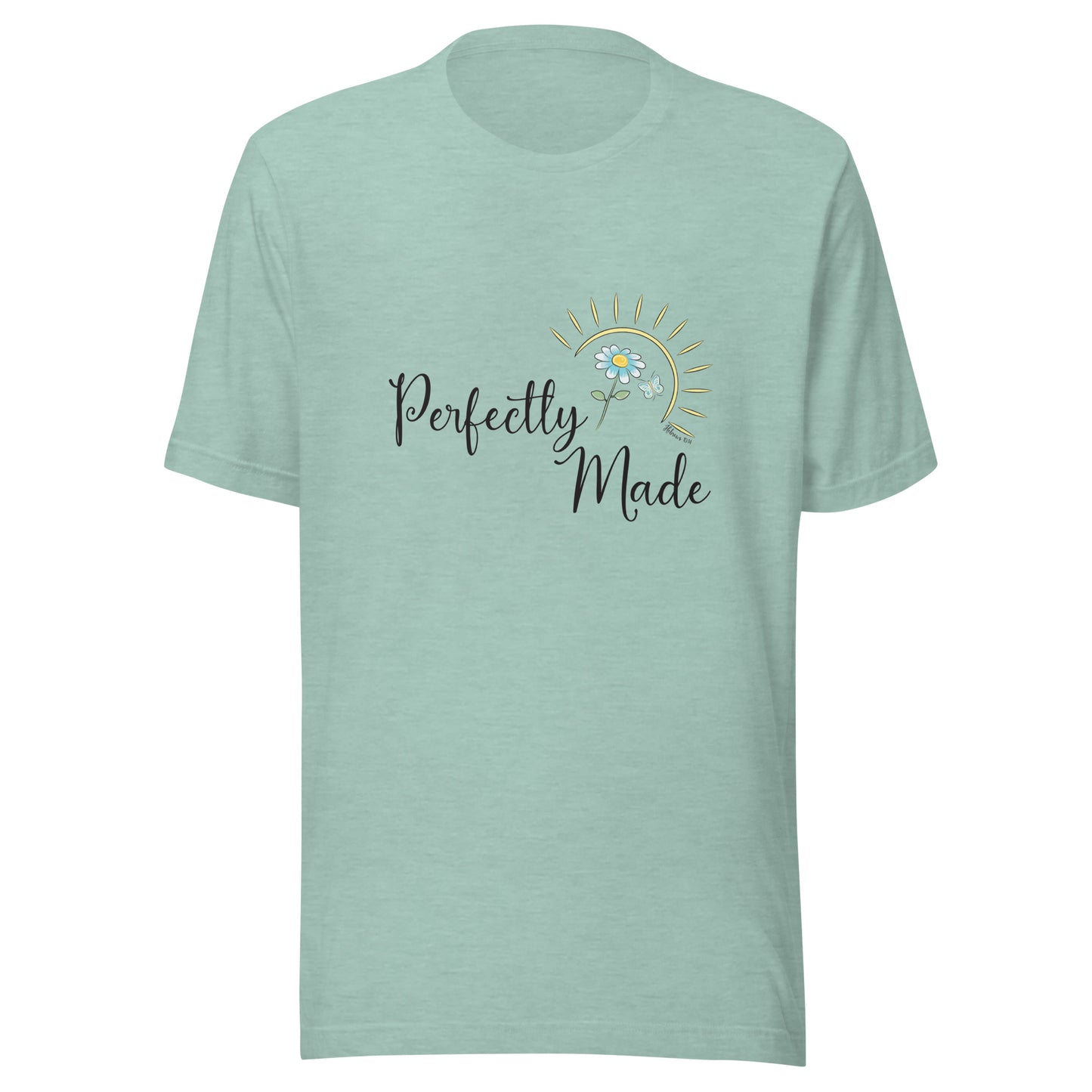 Heather prism dusty blue unisex short sleeve t-shirt that says Perfectly Made with a flower butterfly and sun.