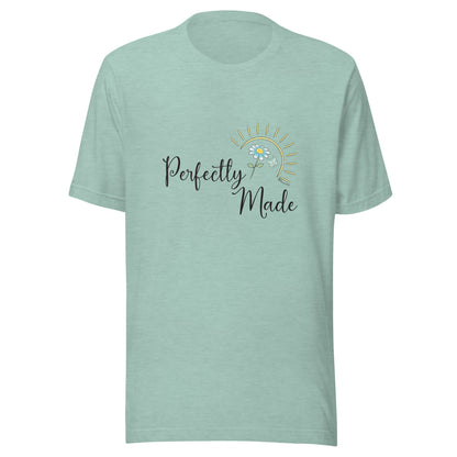 Heather prism dusty blue unisex short sleeve t-shirt that says Perfectly Made with a flower butterfly and sun.