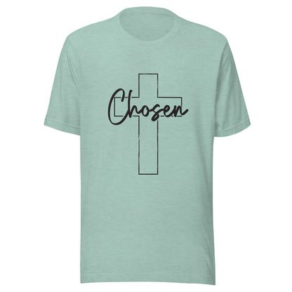 Heather prism dusty blue unisex short sleeve t-shirt that has a Christian cross and has the word chosen acrossed it. 