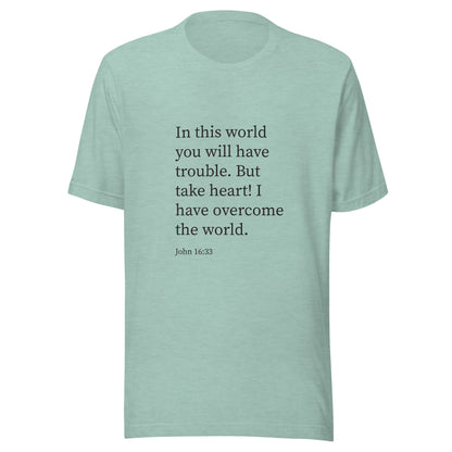 Heather prism dusty blue unisex short sleeve t-shirt with John 16:33 scripture. 