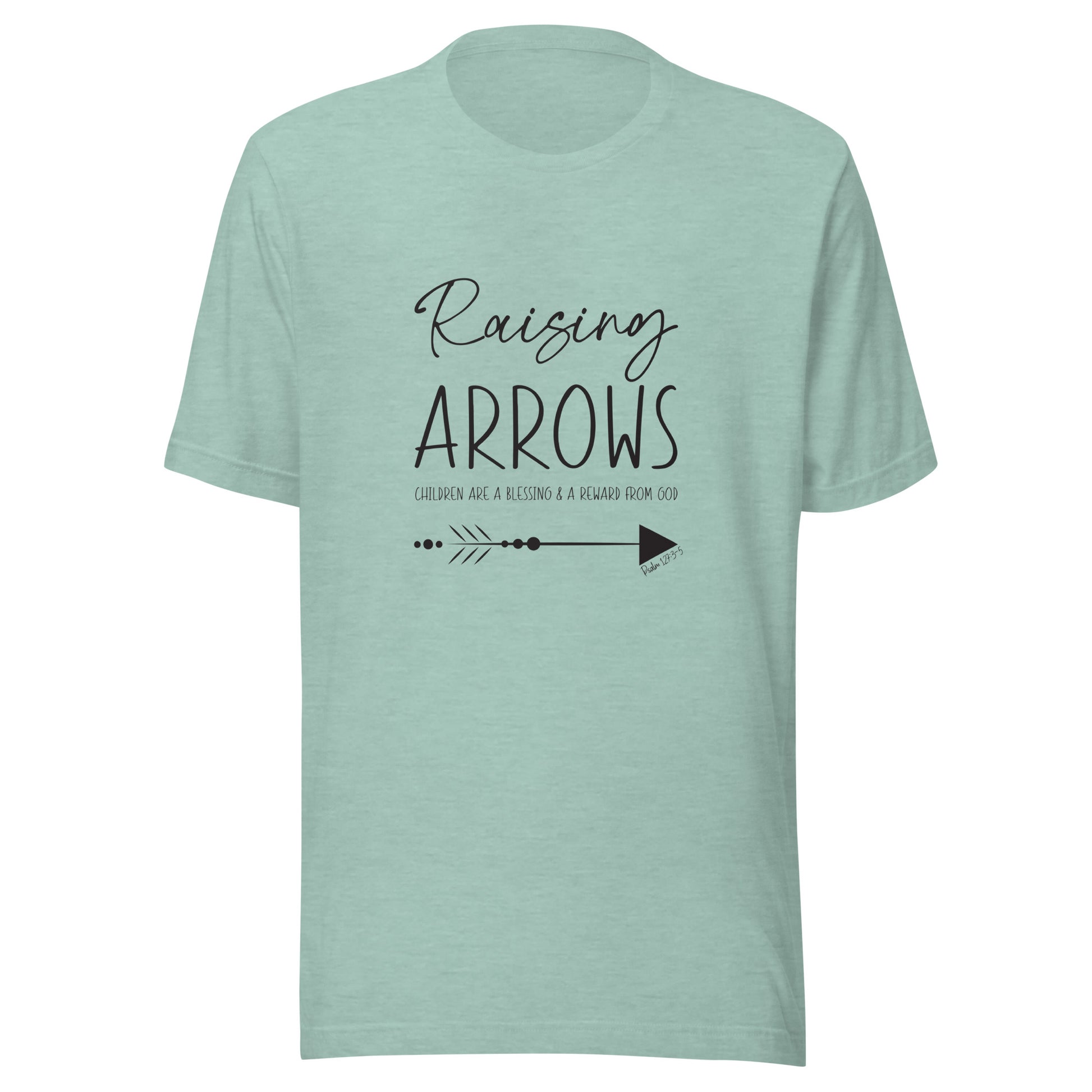 Heather prism dusty blue  unisex short sleeve t-shirt that says Raising arrows and Psalm 127:3 written above a single arrow.