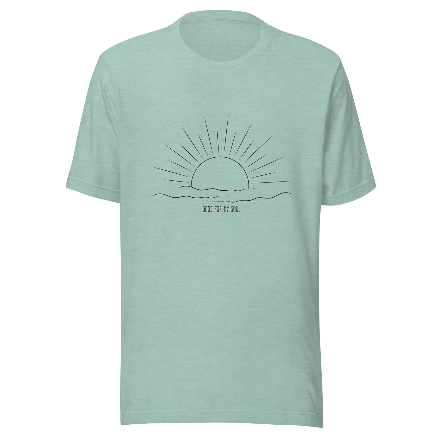 Heather prism dusty blue unisex short sleeve t-shirt that states 'Good for my soul' with a sunsetting above the words all in black color.