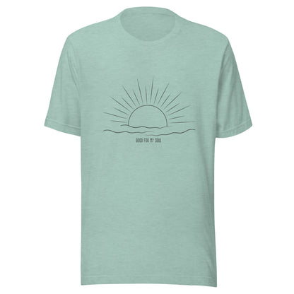 Heather prism dusty blue unisex short sleeve t-shirt that states 'Good for my soul' with a sunsetting above the words all in black color.