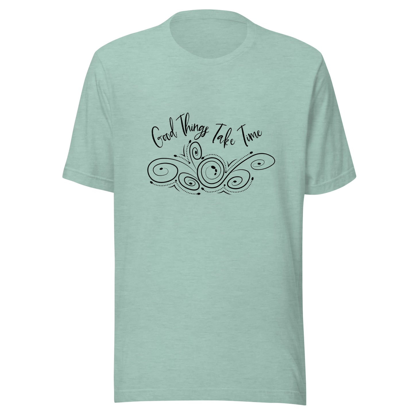Heather prism dusty blue unisex short sleeve t-shirt that states 'Good things take time' above a swirly design.