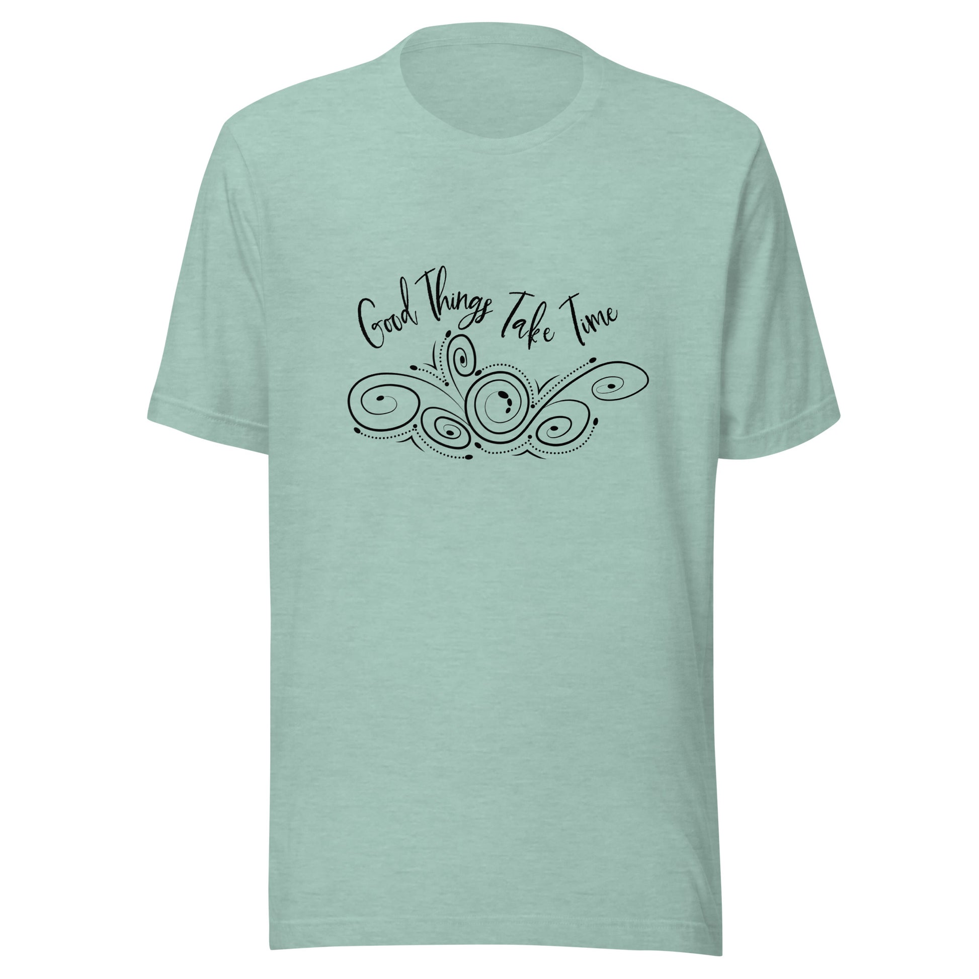 Heather prism dusty blue unisex short sleeve t-shirt that states 'Good things take time' above a swirly design.