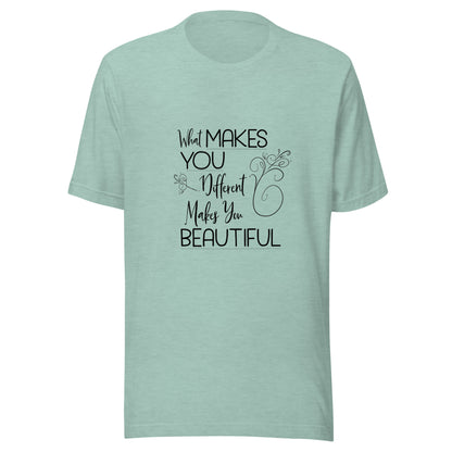 Heather prism dusty blue  unisex short sleeve t-shirt that states 'What makes you different makes you beautiful'.
