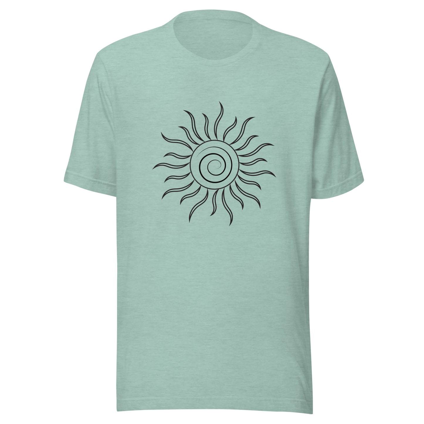 Heather prism dusty blue unisex short sleeve t-shirt with spiral sun and black fiery looking rays all black ink.