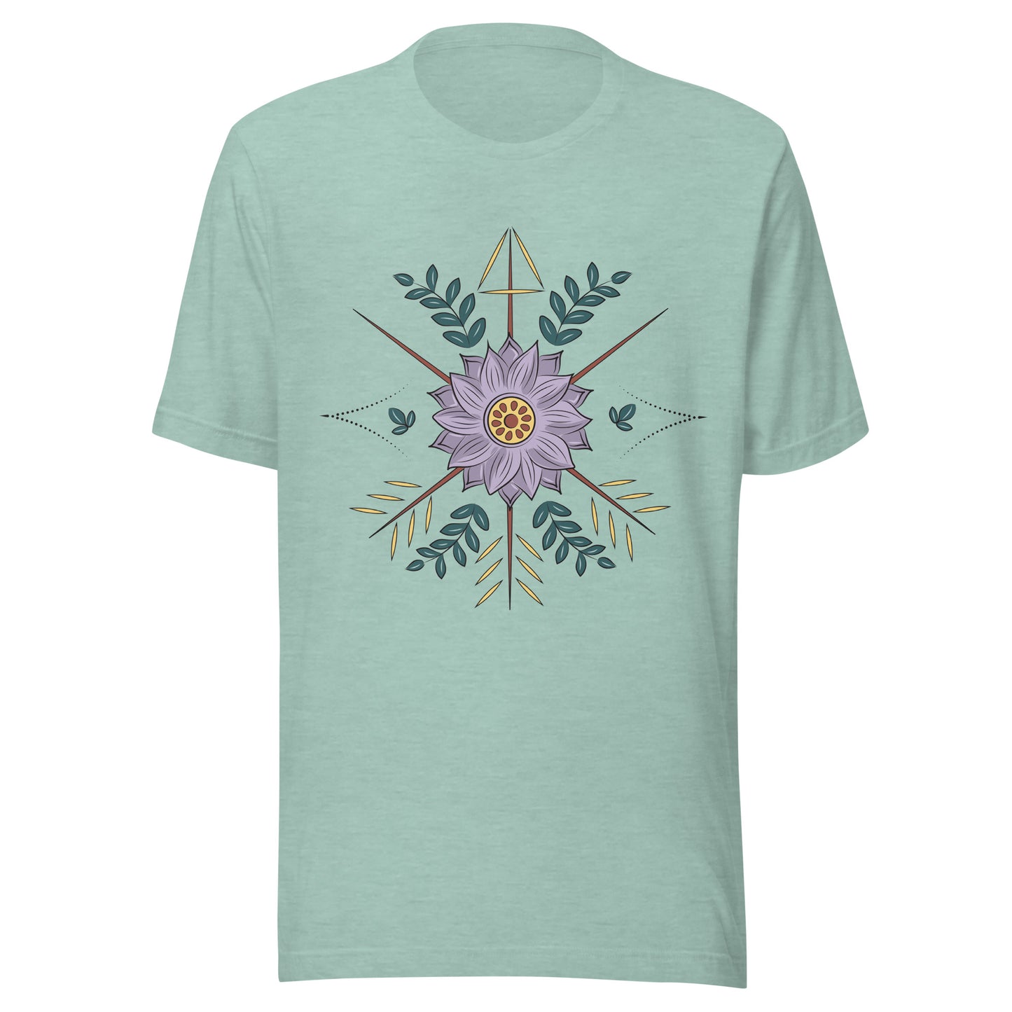 Heather prism dusty blue unisex short sleeve t-shirt with a purple flower with arrow surrounding it.