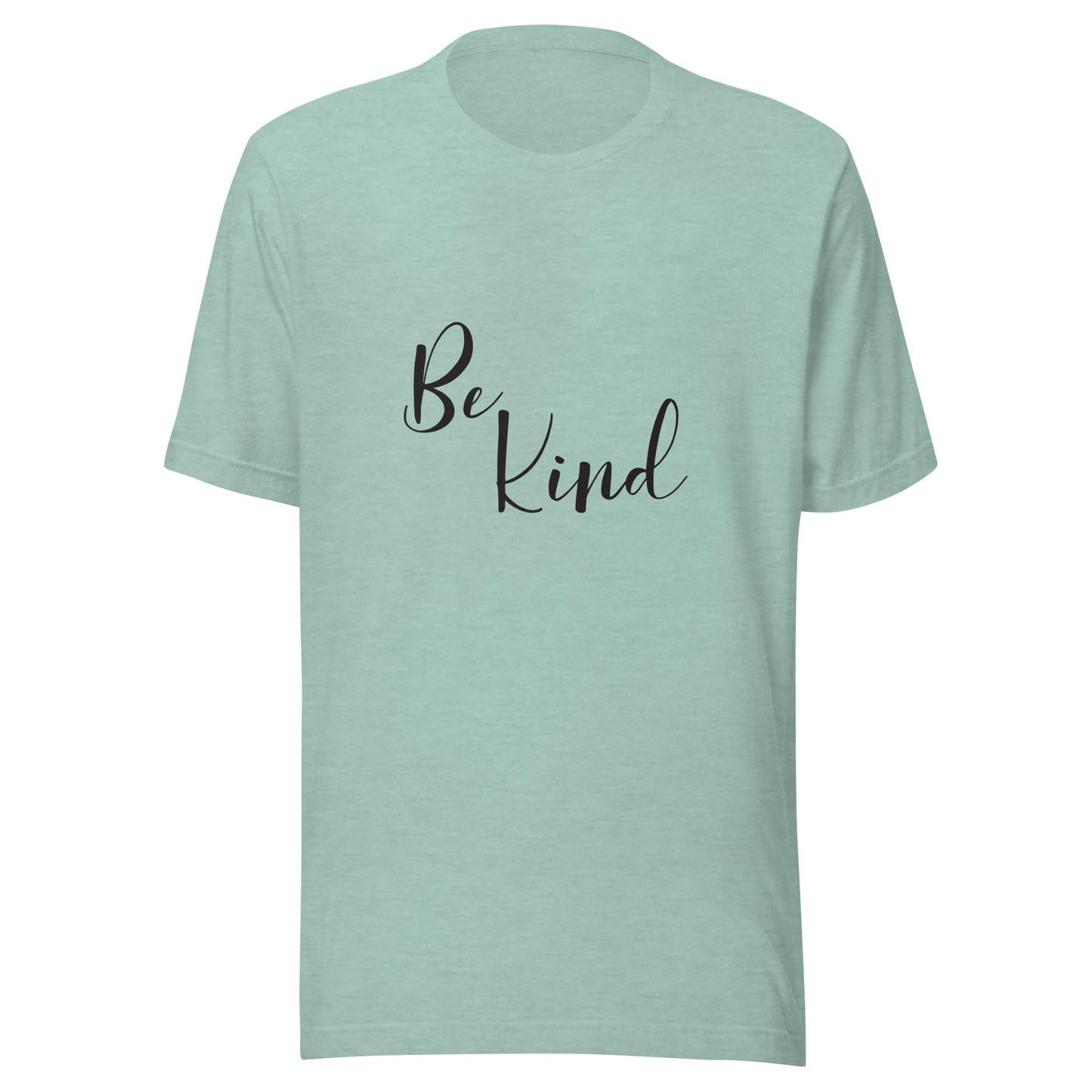 Heather prism dusty blue unisex short sleeve t-shirt that says 'Be Kind'.