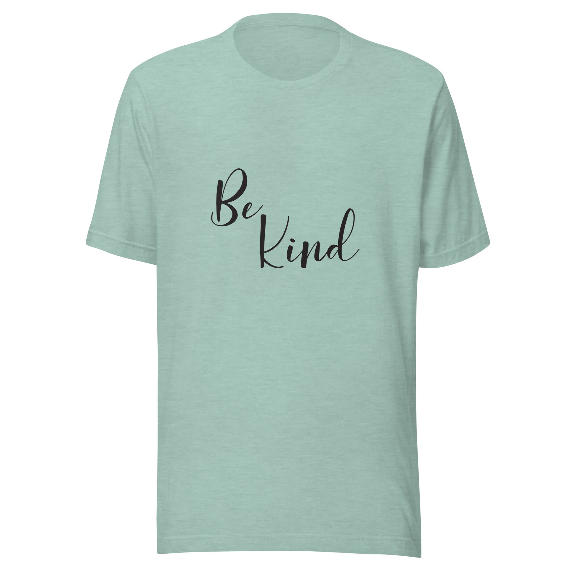 Heather prism dusty blue unisex short sleeve t-shirt that says 'Be Kind'.