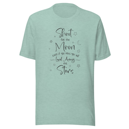 Heather pristm dusty blue unisex t-shirt that says 'Shoot for the moon even if you miss you will land among the stars' with a moon and scattered stars.