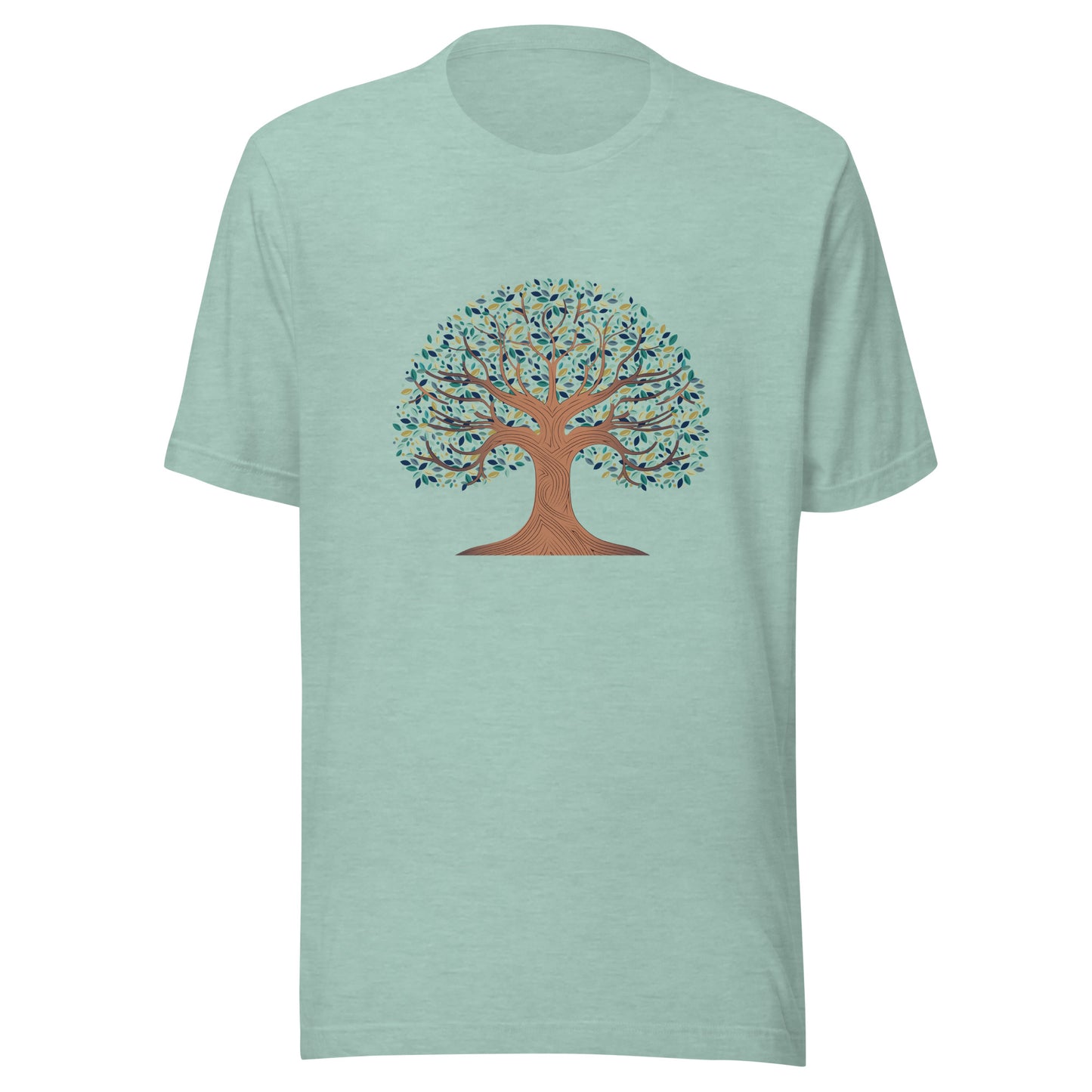 Heather prism dusty blue unisex t-shirt with a tree of life with colorful leaves. 