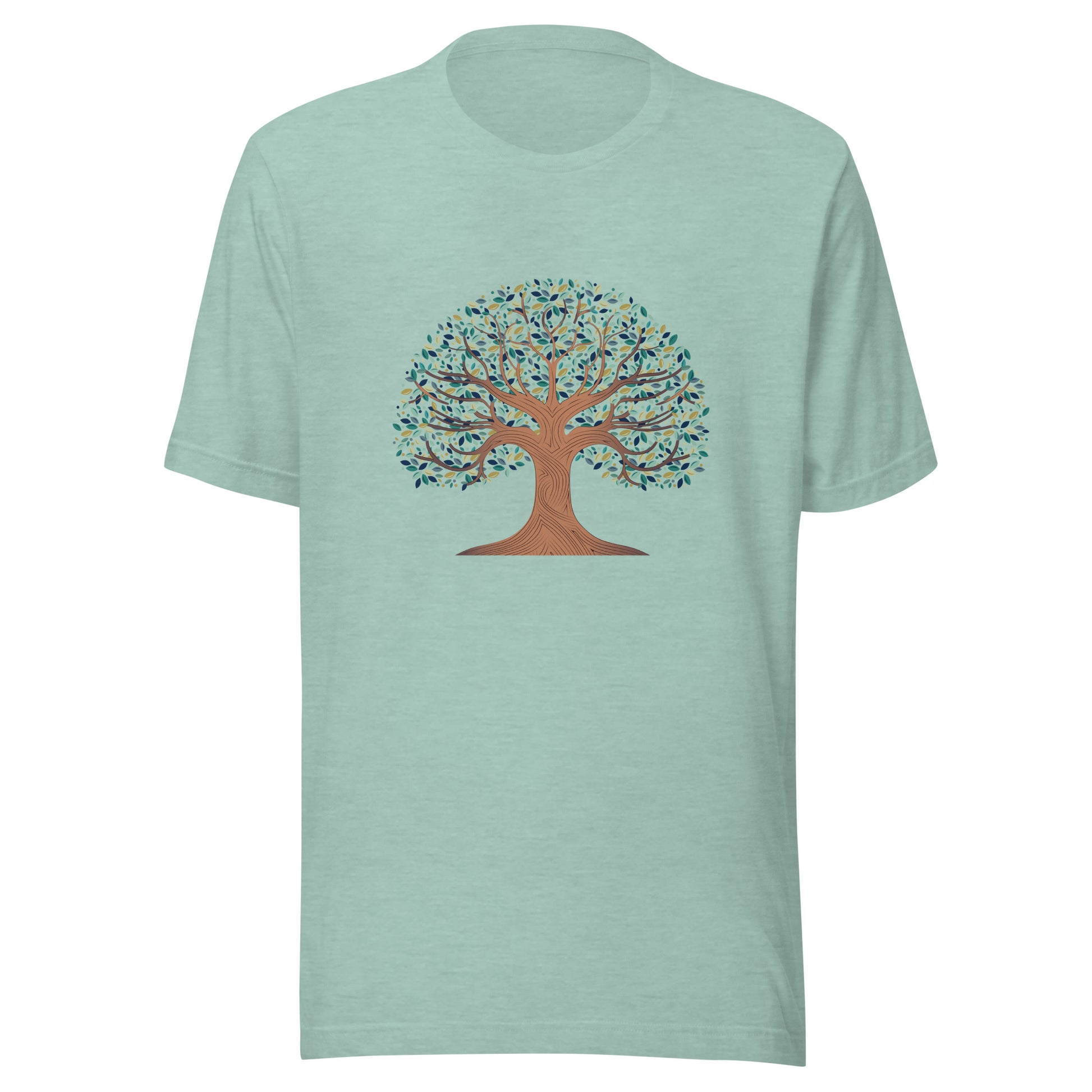 Heather prism dusty blue unisex t-shirt with a tree of life with colorful leaves. 