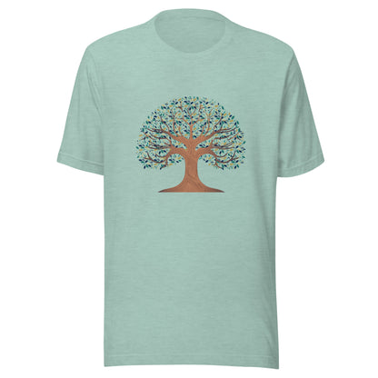 Heather prism dusty blue unisex t-shirt with a tree of life with colorful leaves. 