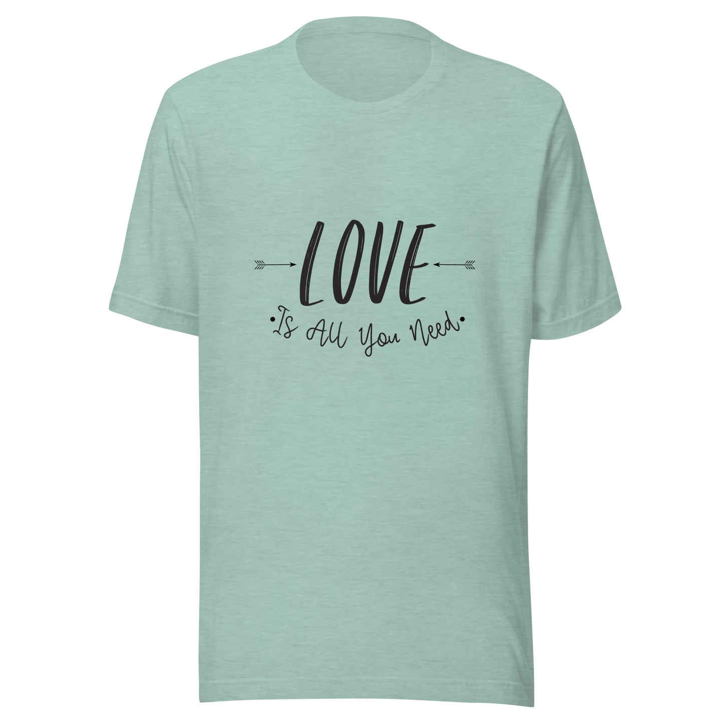 Heather prism dusty bluie unisex t-shirt that says 'Love is all you need' with two arrows pointing at the word love. 