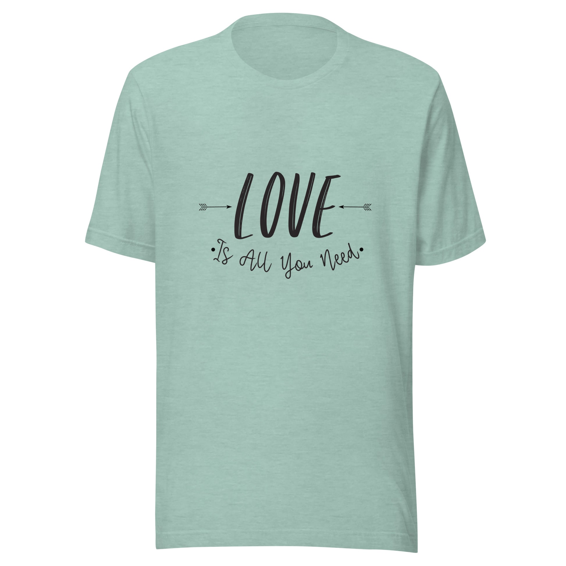 Heather prism dusty bluie unisex t-shirt that says 'Love is all you need' with two arrows pointing at the word love. 
