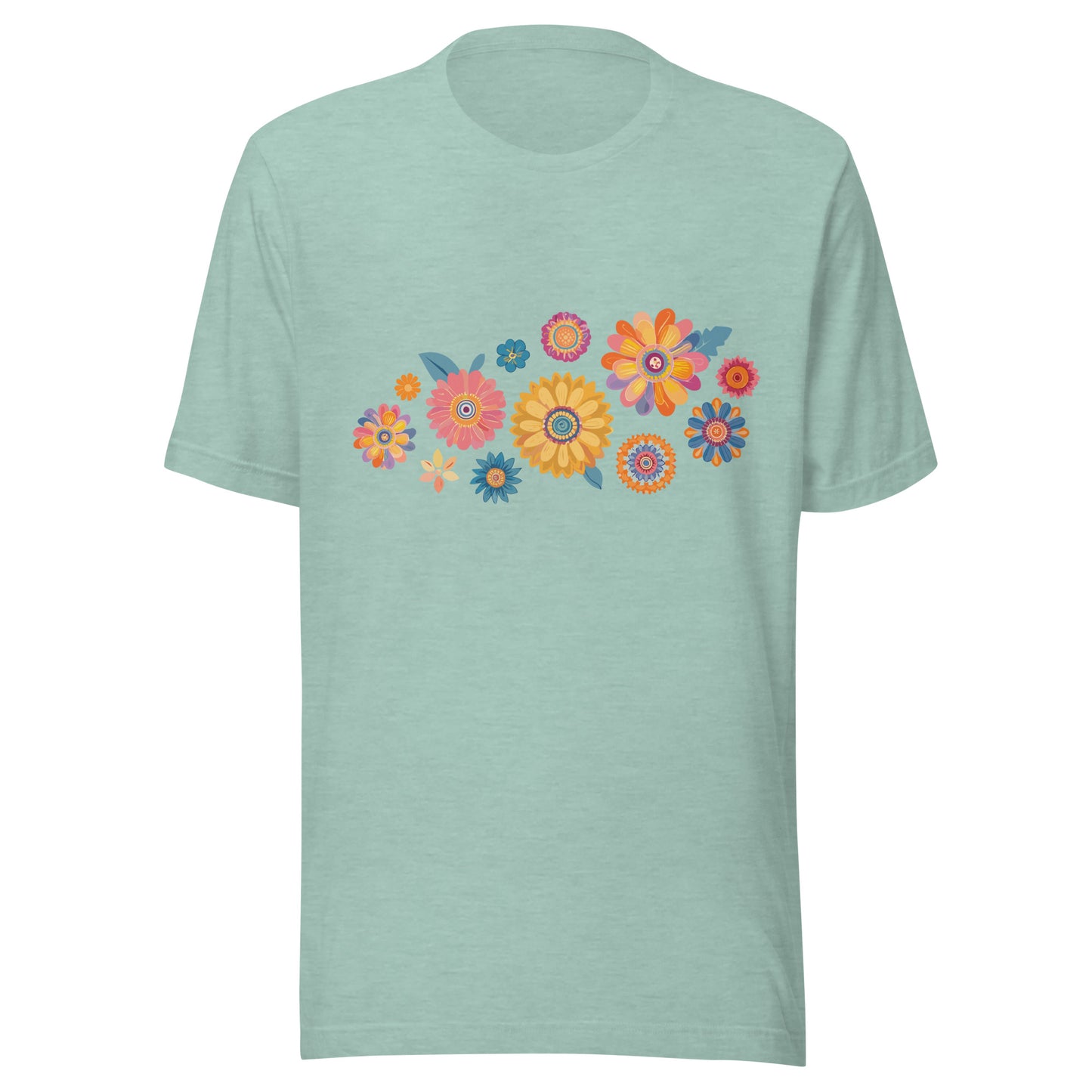 Heather prism dusty blue short sleeve unisex t-shirt with groovy retro flowers tossed on the front. 