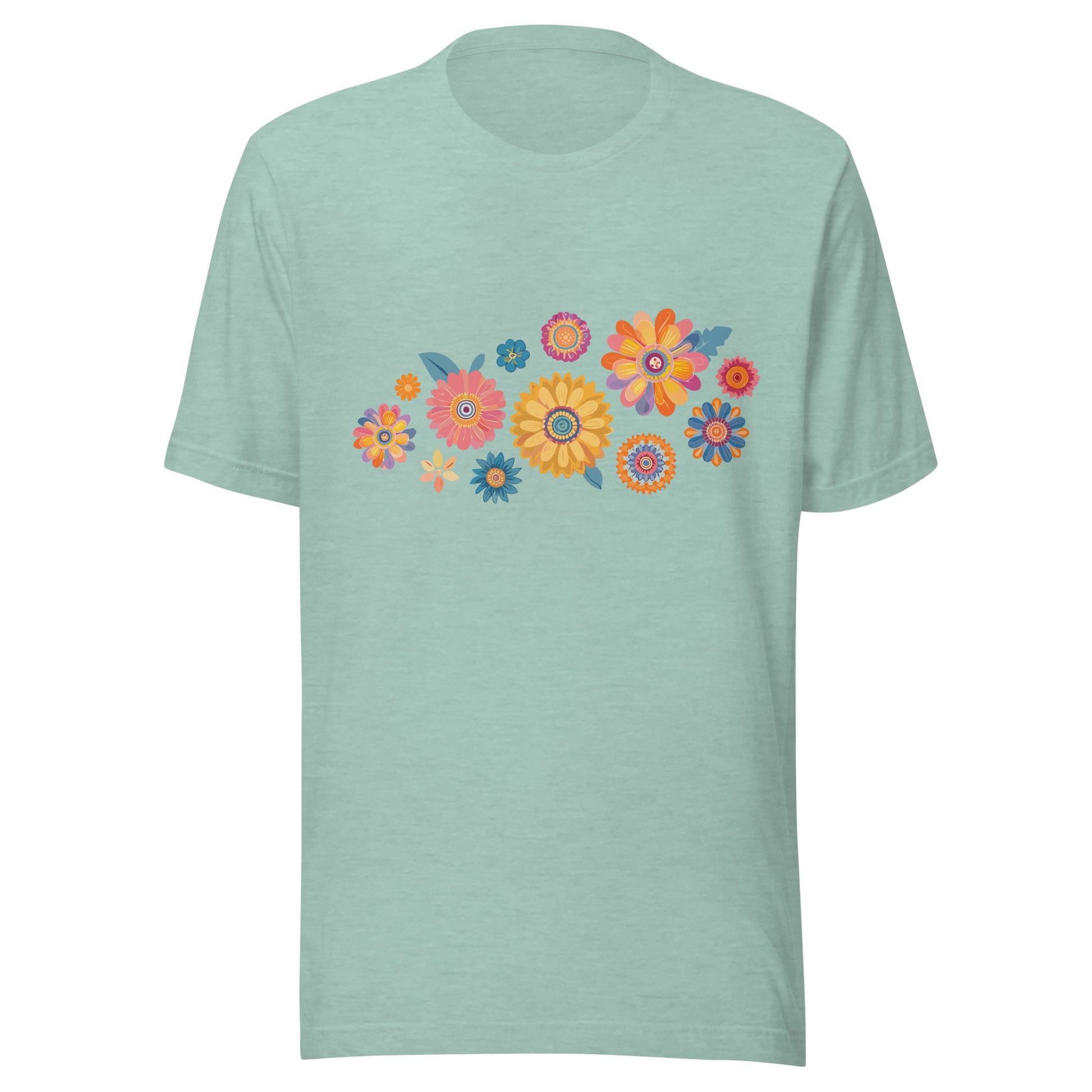 Heather prism dusty blue short sleeve unisex t-shirt with groovy retro flowers tossed on the front. 