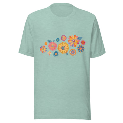 Heather prism dusty blue short sleeve unisex t-shirt with groovy retro flowers tossed on the front. 