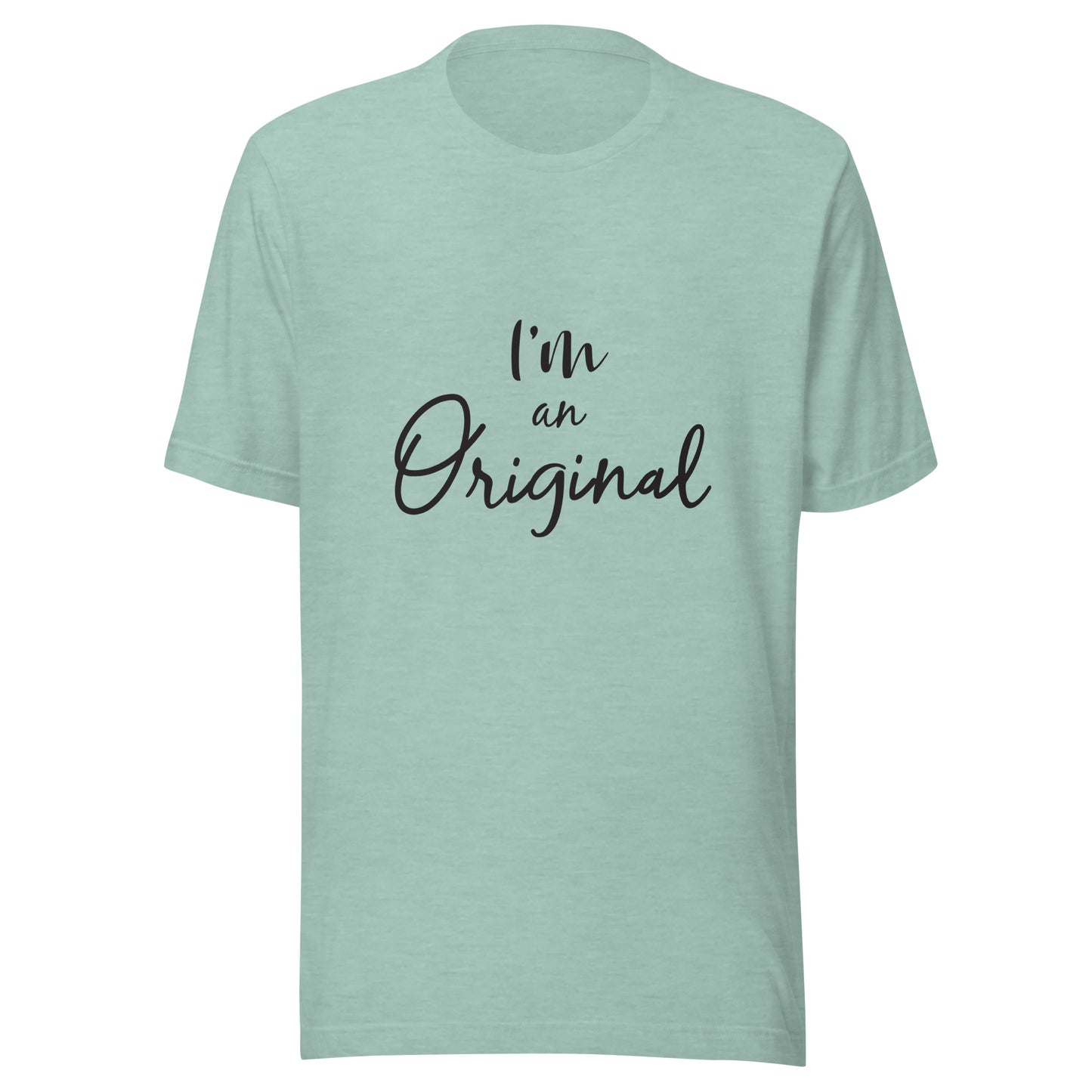 Heather prism dusty blue unisex short sleeve t-shirt that states 'I'm an Original'.