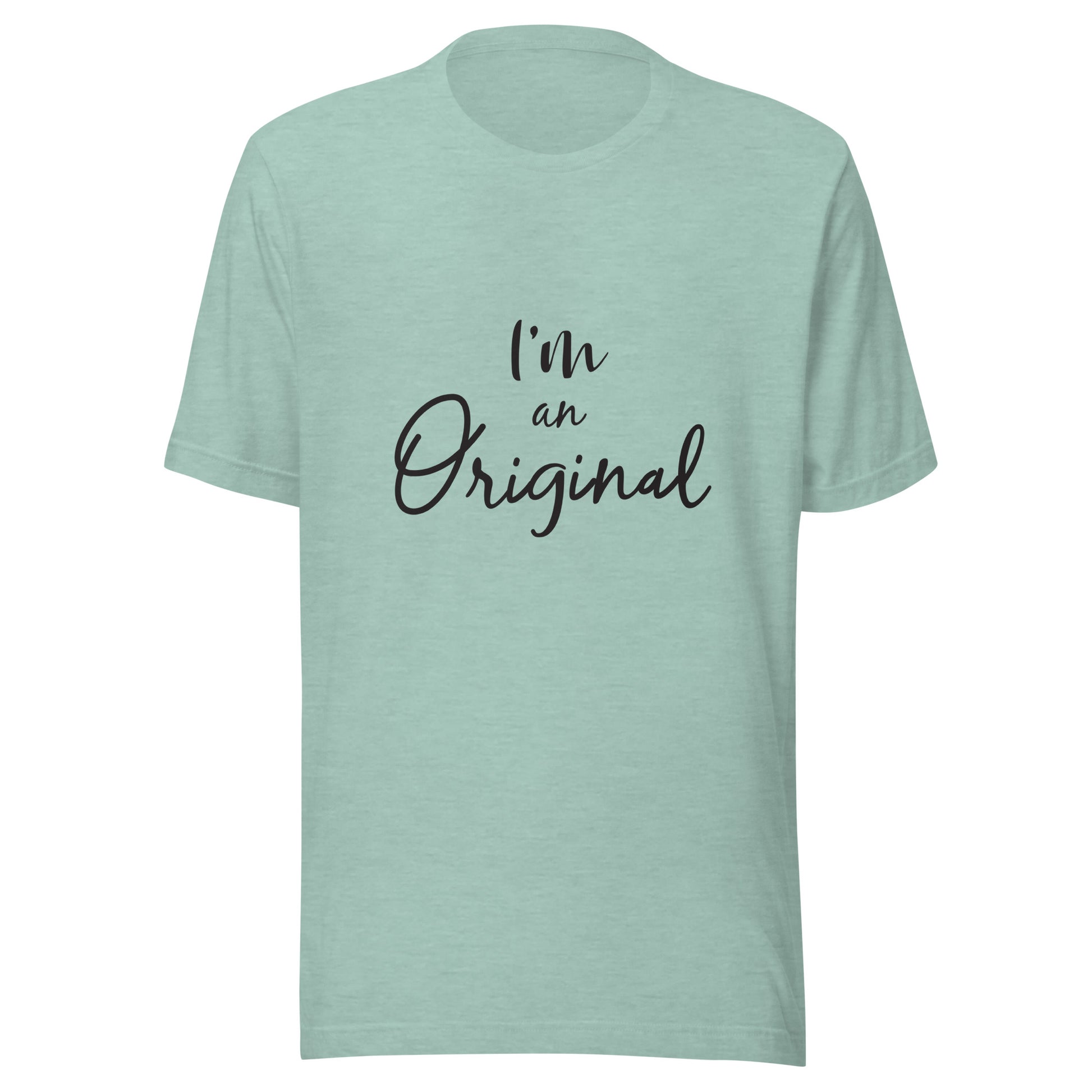 Heather prism dusty blue unisex short sleeve t-shirt that states 'I'm an Original'.