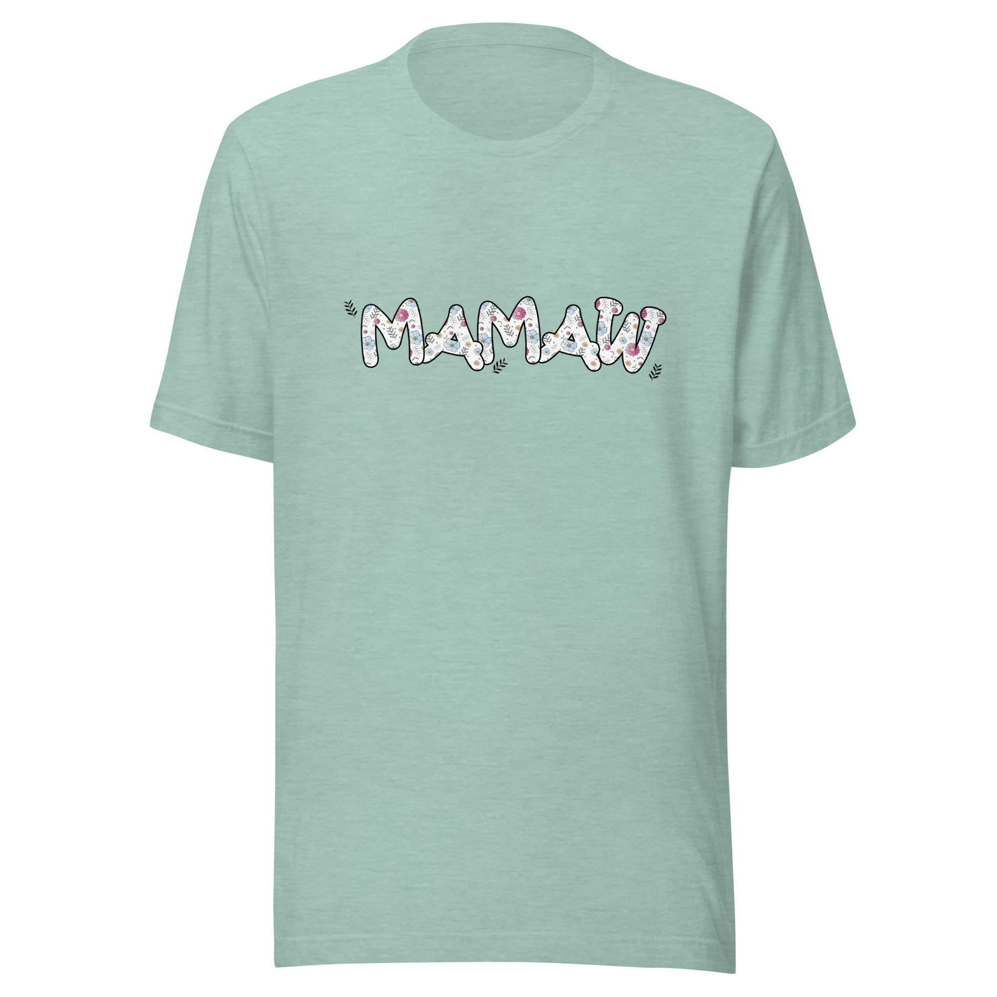Heather prism dusty blue short sleeve unisex t-shirt that says Mamaw on the front written in cute font with flowers inside each letter. 