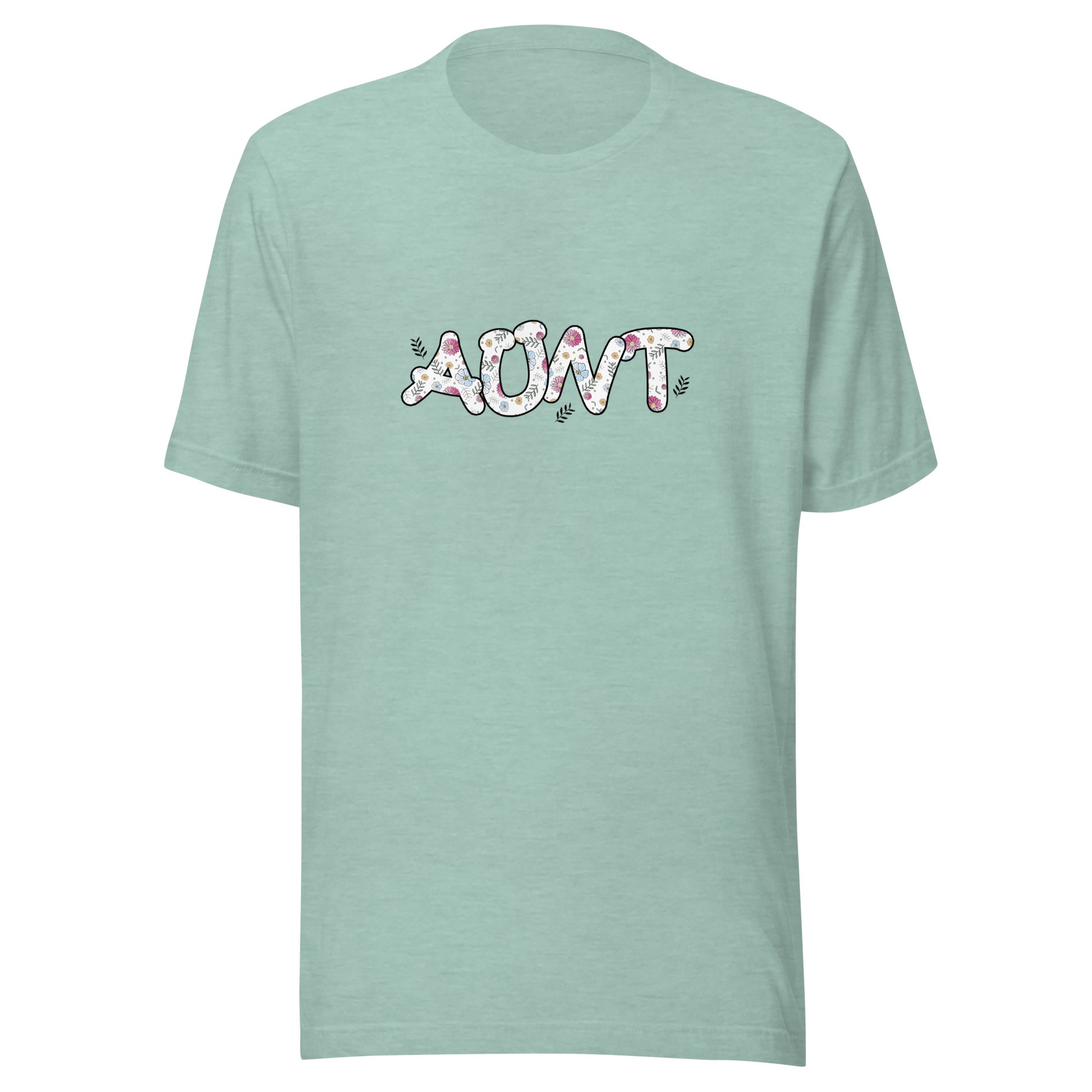 Heather prism dusty blue short sleeve unisex t-shirt that says Aunt on the front written in cute font with flowers inside each letter. 