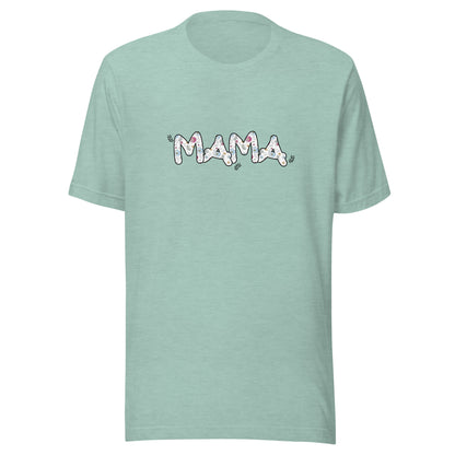 Heather pristm dusty blue short sleeve unisex t-shirt that says Mama on the front written in cute font with flowers inside each letter. 
