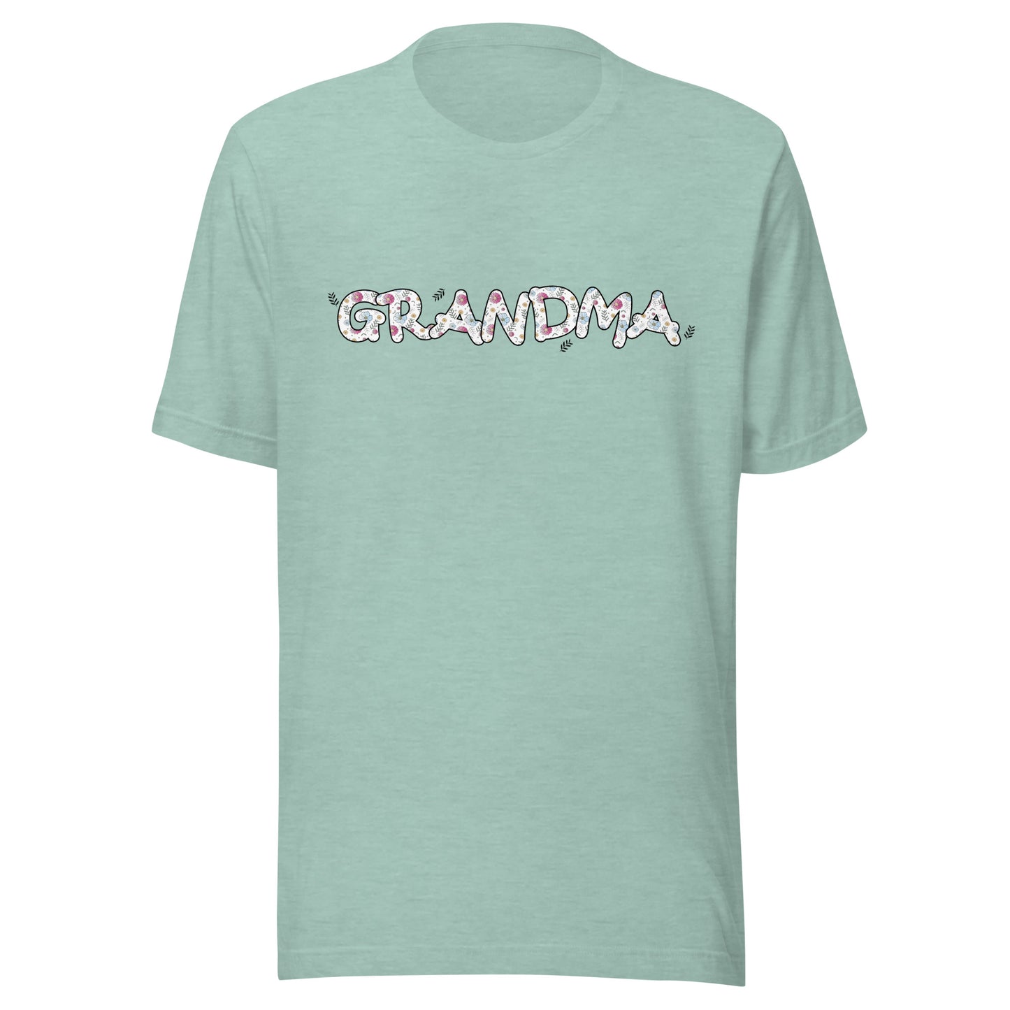 Heather prism dusty blue short sleeve unisex t-shirt that says Grandma on the front written in cute font with flowers inside each letter. 