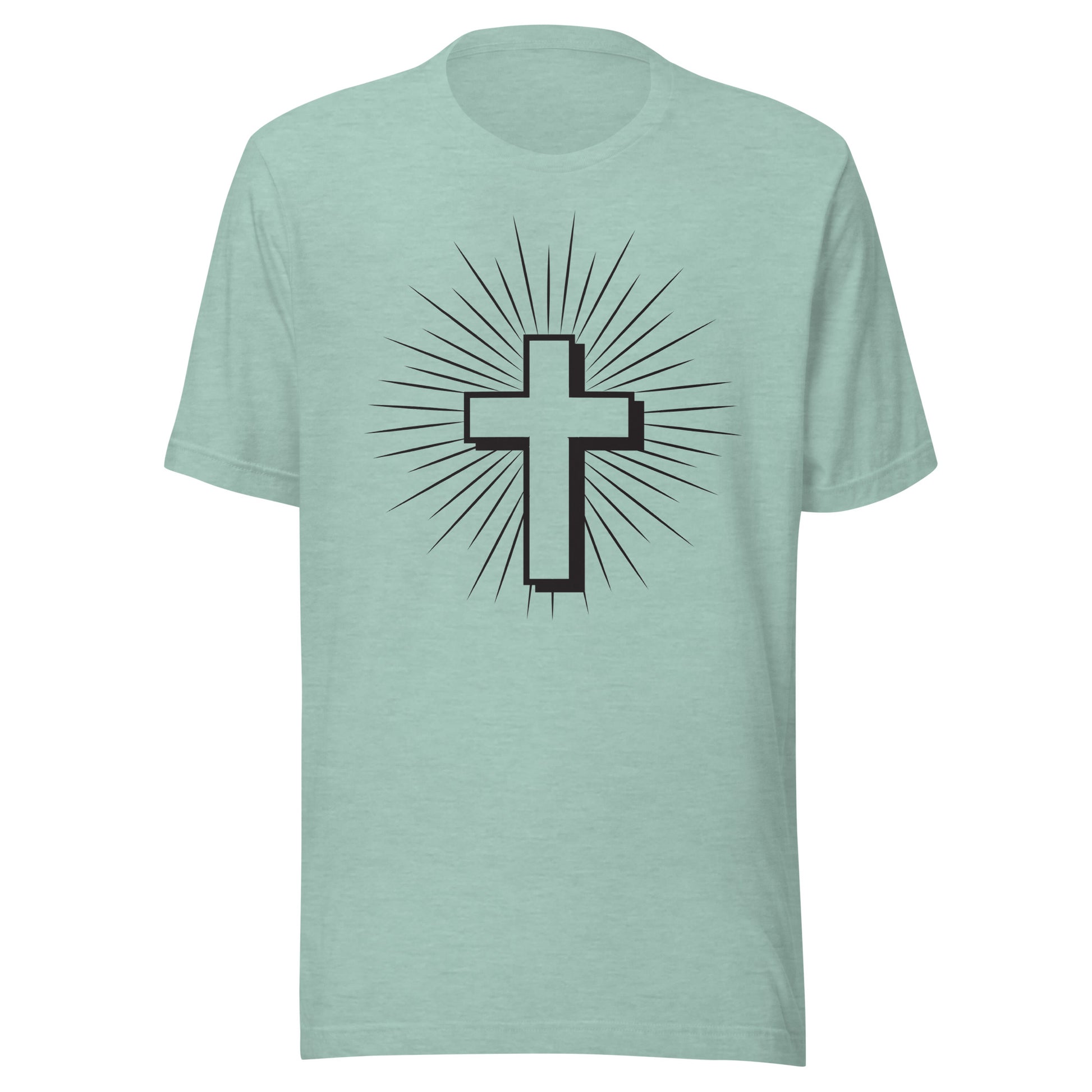 Christian Cross with Sun Rays on a short sleeve heather prism dusty blue Unisex T-Shirt.