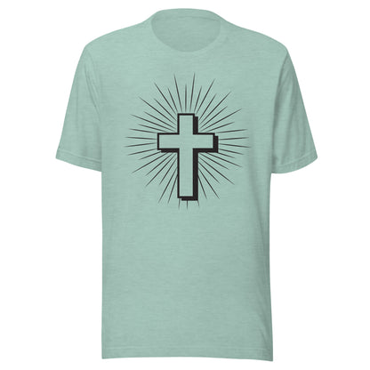 Christian Cross with Sun Rays on a short sleeve heather prism dusty blue Unisex T-Shirt.