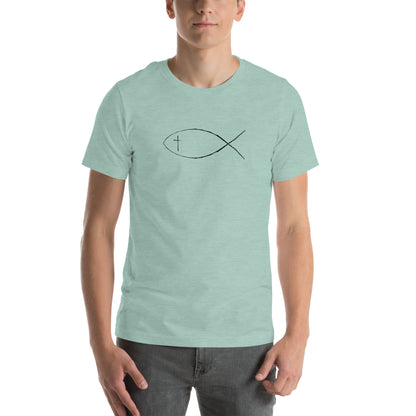 Heather prism dusty blue Unisex short sleeve t-shirt with Christan fish and cross. 
