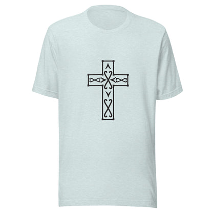 Heather Ice blue Ornate Christian Cross Unisex T-Shirt.