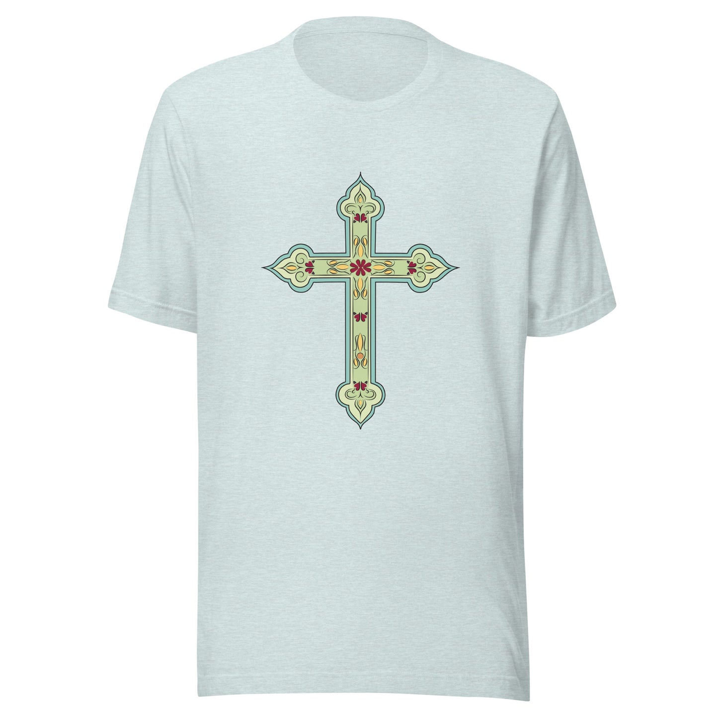 Heather prism ice blue short sleeve unisex tee ornately decorated colored Christian Cross. 