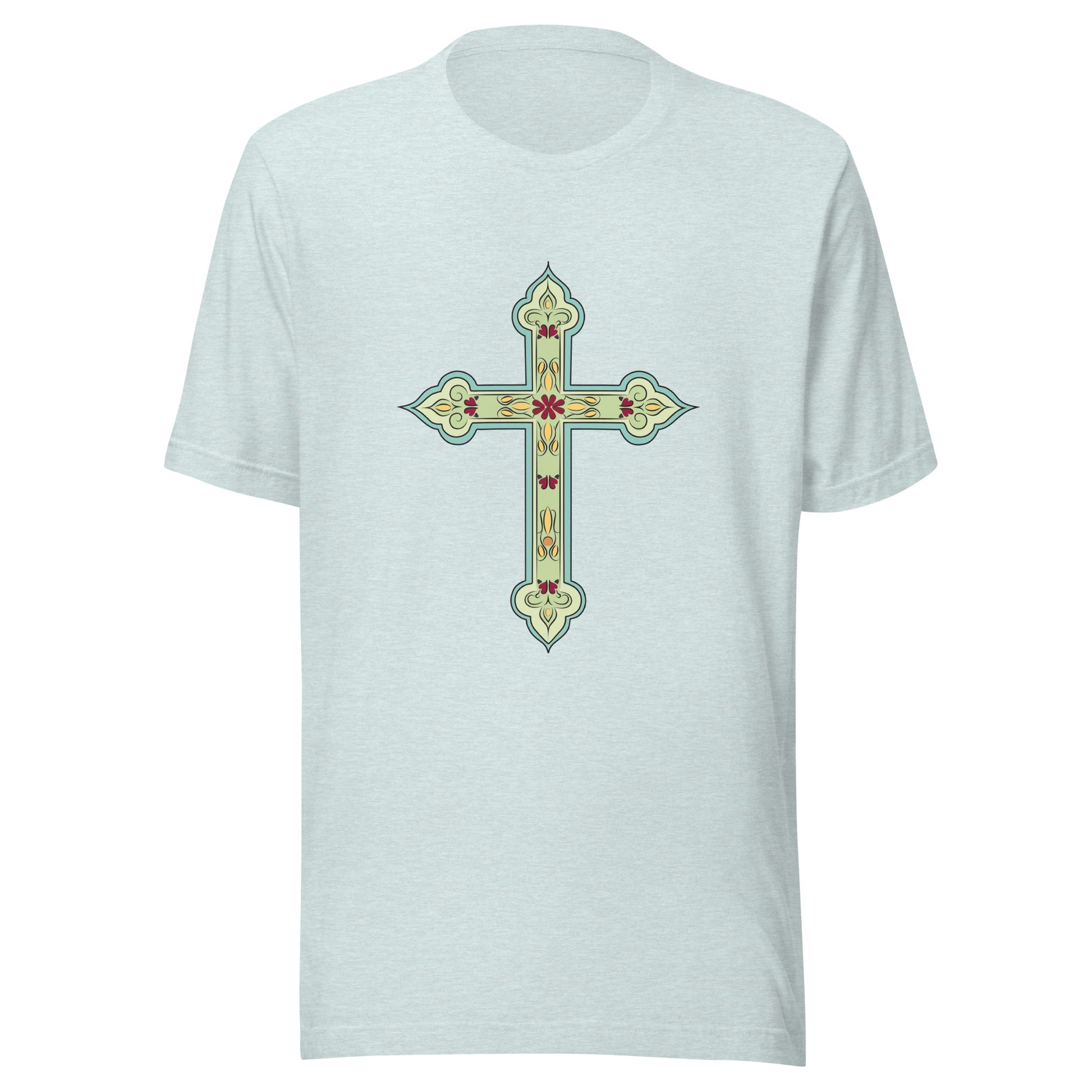 Heather prism ice blue short sleeve unisex tee ornately decorated colored Christian Cross. 