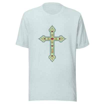 Heather prism ice blue short sleeve unisex tee ornately decorated colored Christian Cross. 