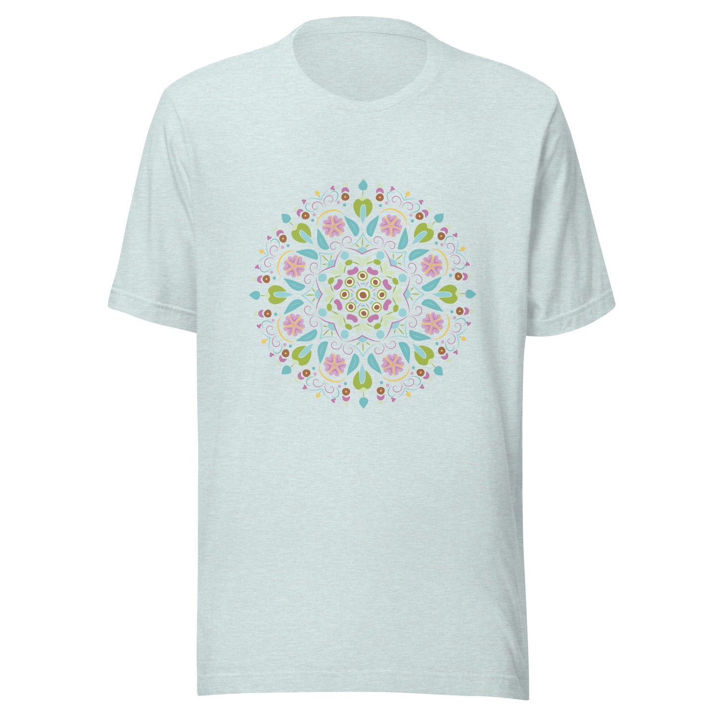 Heather prism ice blue unisex short sleeve  t-shirt with a Scandanavian style mandala multi-colored.