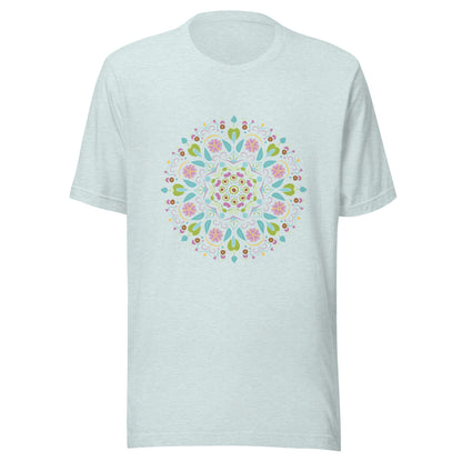 Heather prism ice blue unisex short sleeve  t-shirt with a Scandanavian style mandala multi-colored.